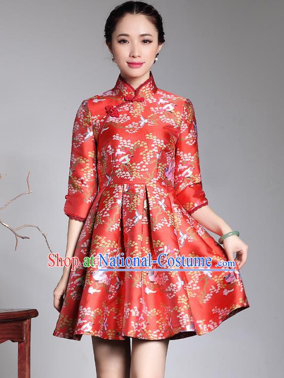 Traditional Ancient Chinese Young Lady Retro Red Brocade Cheongsam, Asian Republic of China Qipao Tang Suit Dress for Women