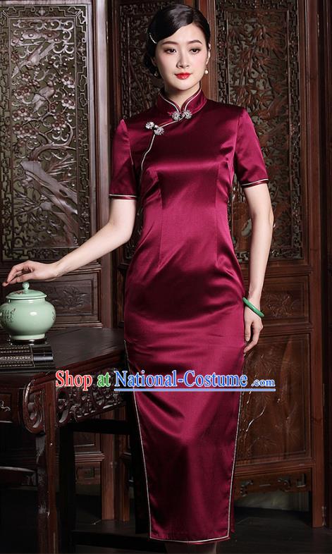 Traditional Ancient Chinese Young Lady Retro Wine Red Silk Cheongsam, Asian Republic of China Qipao Tang Suit Dress for Women