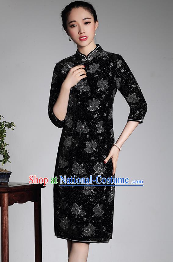 Traditional Ancient Chinese Young Lady Retro Black Velvet Hot Drilling Cheongsam, Asian Republic of China Qipao Tang Suit Dress for Women