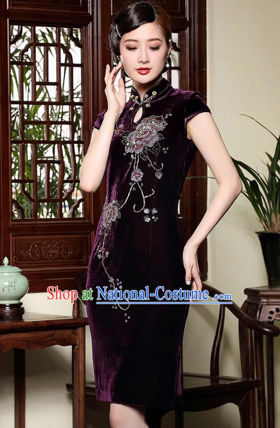 Traditional Ancient Chinese Young Lady Retro Cheongsam Purple Velvet Dress, Asian Republic of China Qipao Tang Suit Clothing for Women