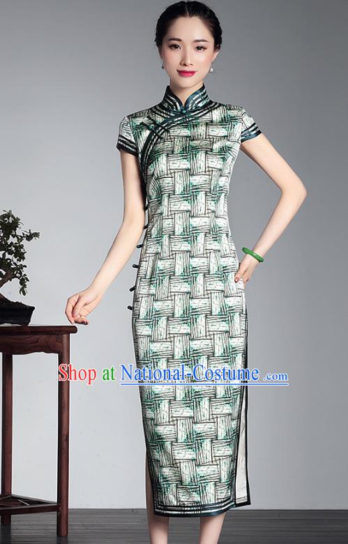 Traditional Ancient Chinese Young Lady Retro Silk Printing Green Cheongsam, Asian Republic of China Qipao Tang Suit Dress for Women