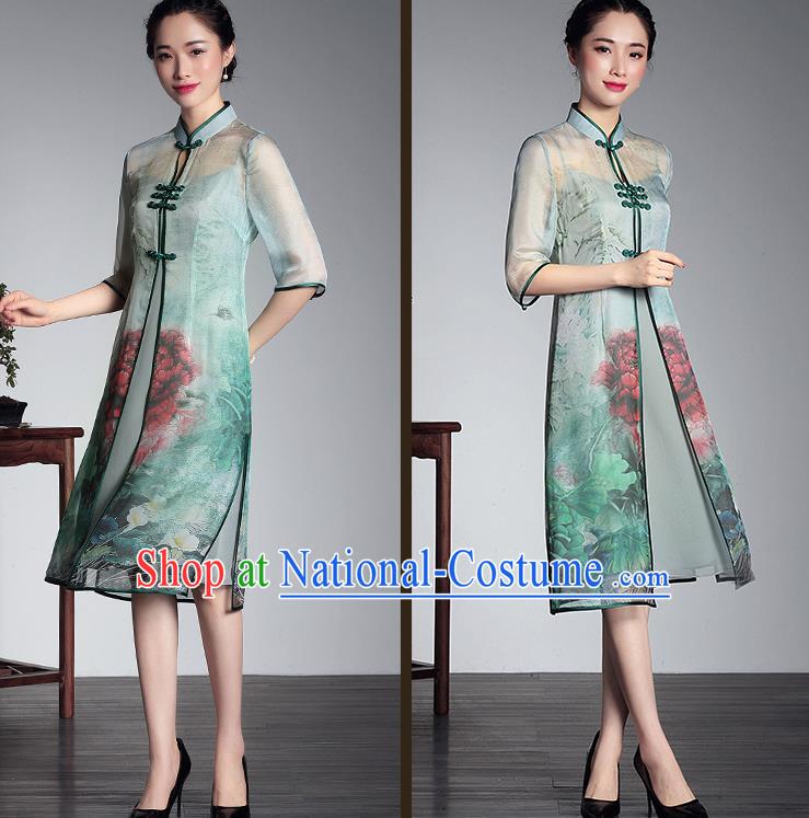 Traditional Ancient Chinese Young Women Cheongsam Dress Republic of China Tangsuit Stand Collar Blouse Dress Tang Suit Clothing for Women