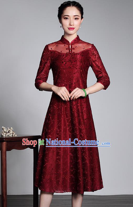 Top Grade Asian Republic of China Plated Buttons Red Lace Cheongsam, Traditional Chinese Tang Suit Qipao Dress for Women