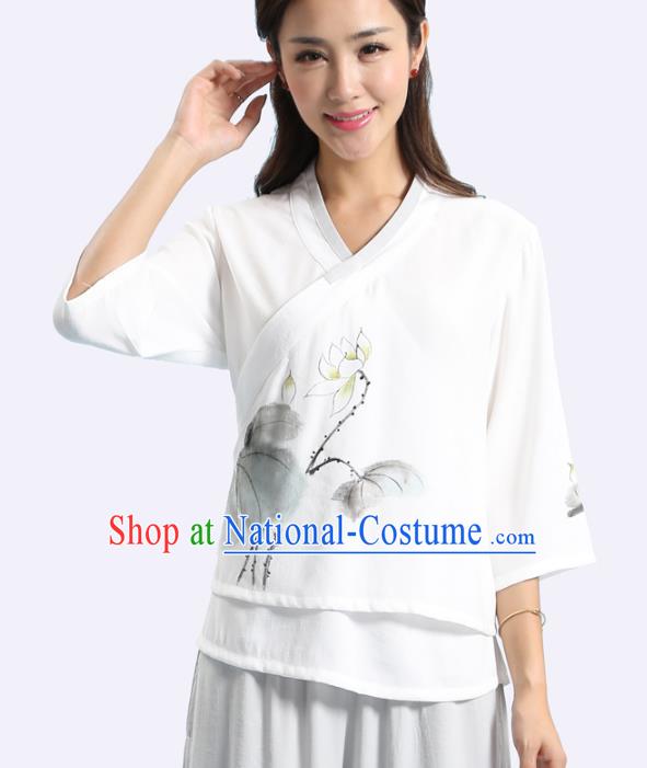 Asian China Hand Painting Printing Lotus Linen Cheongsam Blouse, Traditional Chinese Tang Suit Hanfu Shirts for Women