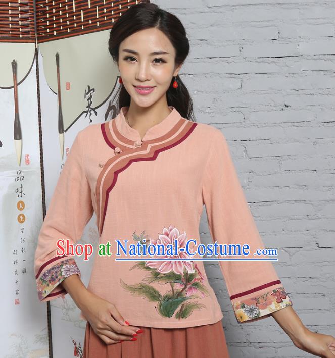 Asian China Hand Painting Printing Peony Linen Cheongsam Blouse, Traditional Chinese Tang Suit Hanfu Shirts for Women