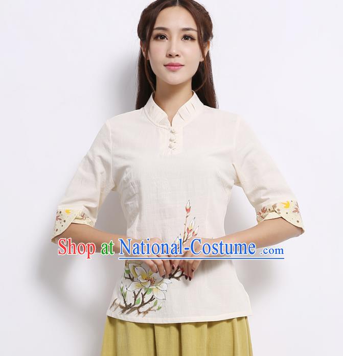 Asian China Hand Painting Printing White Linen Cheongsam Blouse, Traditional Chinese Tang Suit Hanfu Shirts for Women