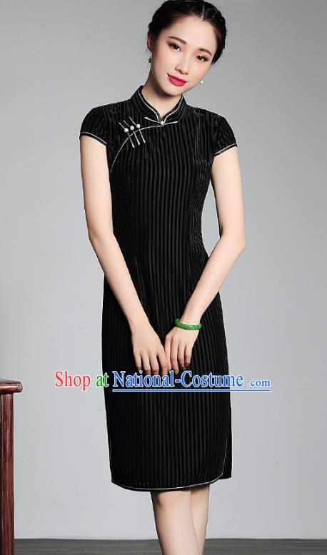 Traditional Ancient Chinese Young Lady Retro Stand Collar Short Black Velvet Cheongsam Dress, Asian Republic of China Qipao Tang Suit Clothing for Women