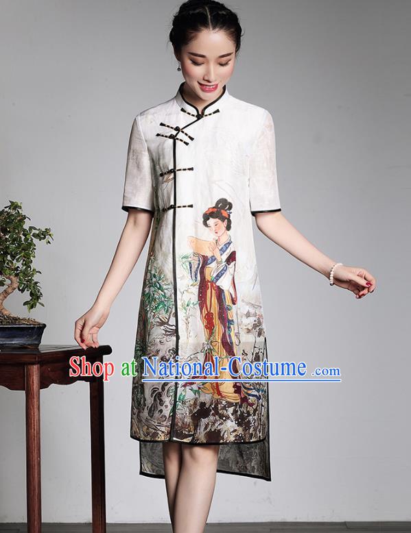 Traditional Ancient Chinese Young Lady Retro Stand Collar Printing Cheongsam Dress, Asian Republic of China Qipao Tang Suit for Women