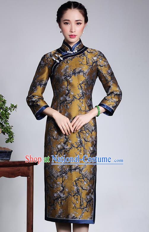 Asian Republic of China Young Lady Retro Stand Collar Brocade Cheongsam, Traditional Chinese Printing Peony Qipao Tang Suit Dress for Women