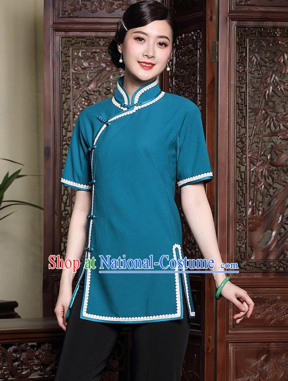 Asian Republic of China Young Lady Retro Stand Collar Blue Cheongsam Blouse, Traditional Chinese Qipao Shirts Tang Suit Upper Outer Garment for Women