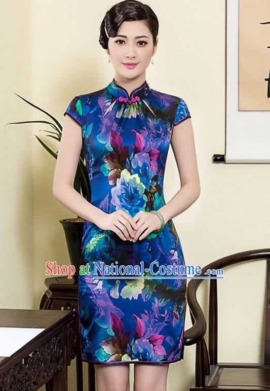 Asian Republic of China Young Lady Retro Plated Buttons Blue Silk Cheongsam, Traditional Chinese Printing Qipao Tang Suit Dress for Women