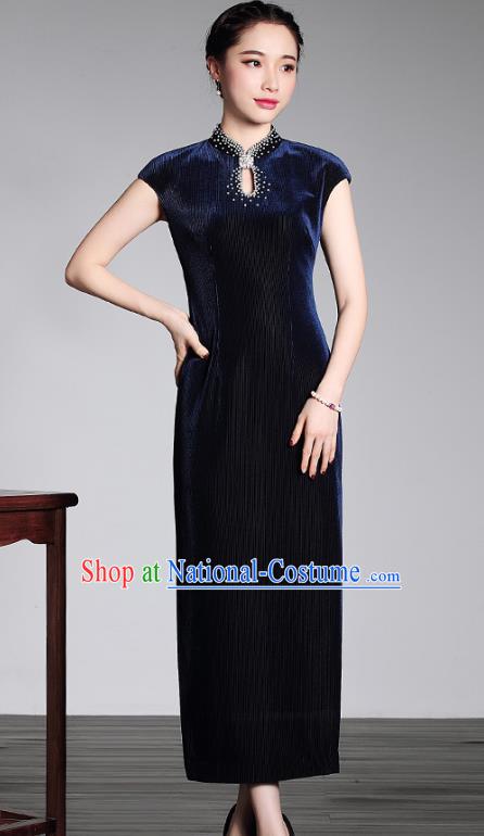 Asian Republic of China Young Lady Retro Plated Buttons Blue Velvet Cheongsam, Traditional Chinese Qipao Tang Suit Dress for Women