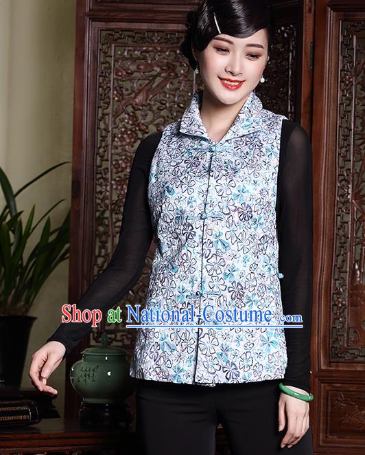 Asian Republic of China Young Lady Retro Plated Buttons Blue Cheongsam Vests, Traditional Chinese Qipao Waistcoat Tang Suit Upper Outer Garment for Women