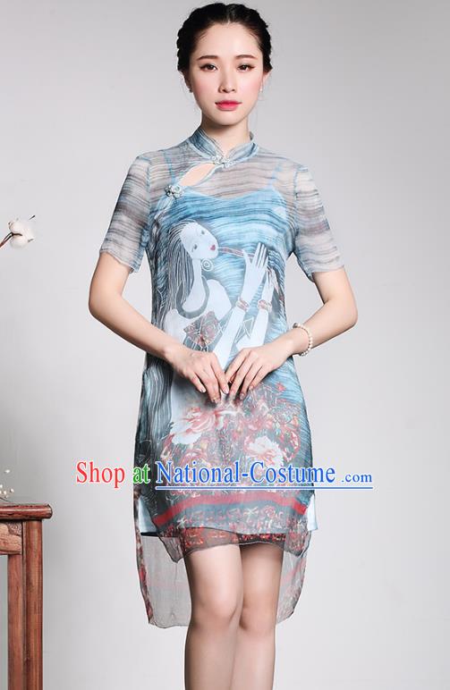 Asian Republic of China Young Lady Retro Plated Buttons Printing Blue Cheongsam, Traditional Chinese Silk Qipao Tang Suit Dress for Women