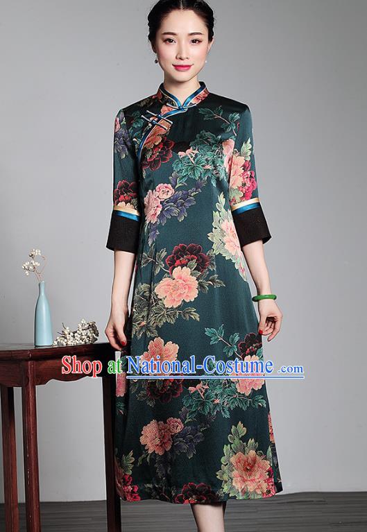 Asian Republic of China Young Lady Retro Plated Buttons Dark Green Silk Cheongsam, Traditional Chinese Printing Qipao Tang Suit Dress for Women