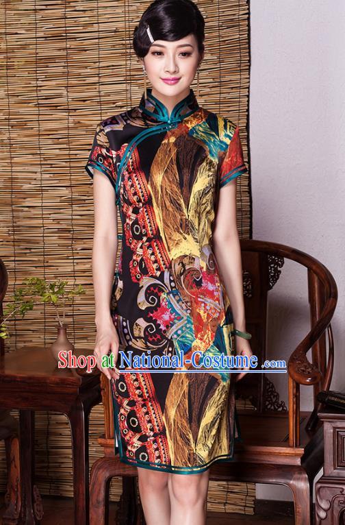 Asian Republic of China Young Lady Retro Plated Buttons Silk Cheongsam, Traditional Chinese Printing Qipao Tang Suit Dress for Women