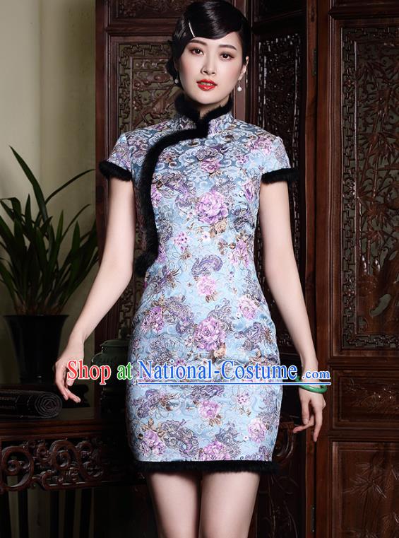 Asian Republic of China Young Lady Retro Plated Buttons Blue Silk Cheongsam, Traditional Chinese Wedding Qipao Tang Suit Dress for Women