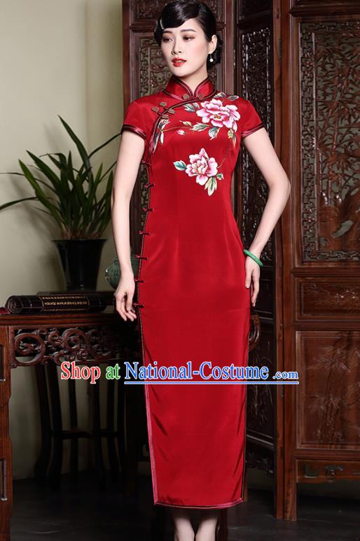 Asian Republic of China Top Grade Satin Plated Buttons Printing Peony Red Cheongsam, Traditional Chinese Tang Suit Qipao Dress for Women