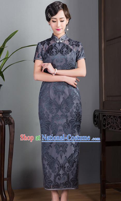 Asian Republic of China Young Lady Retro Plated Buttons Grey Lace Printing Silk Cheongsam, Traditional Chinese Wedding Qipao Tang Suit Dress for Women