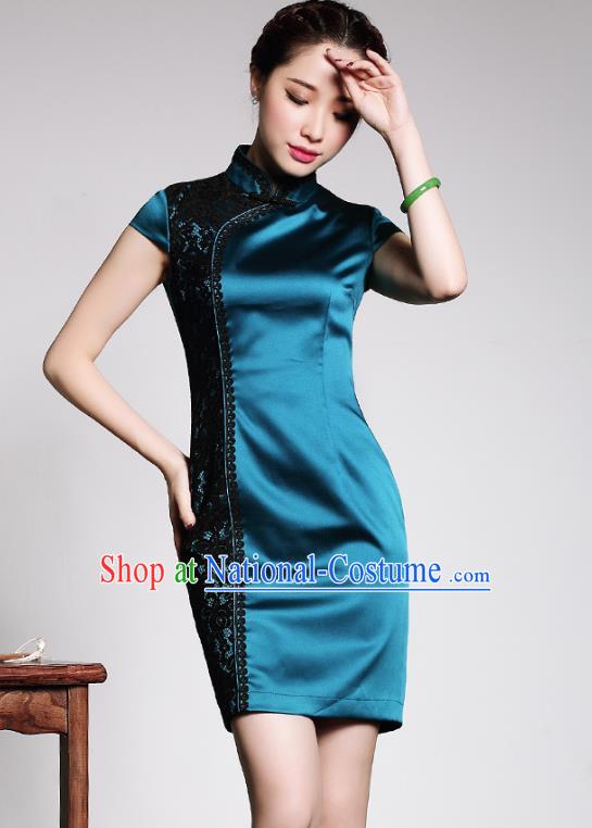 Asian Republic of China Top Grade Plated Buttons Lace Peacock Blue Silk Cheongsam, Traditional Chinese Tang Suit Qipao Dress for Women