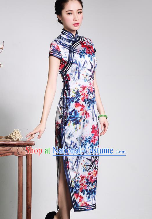 Asian Republic of China Young Lady Retro Plated Buttons Printing Silk Cheongsam, Traditional Chinese Wedding Qipao Tang Suit Dress for Women