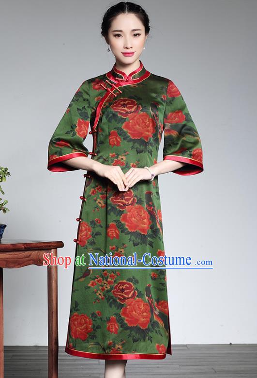 Asian Republic of China Young Lady Retro Plated Buttons Printing Green Silk Cheongsam, Traditional Chinese Wedding Qipao Tang Suit Dress for Women