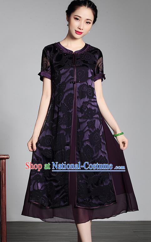 Asian Republic of China Young Lady Retro Plated Buttons Purple Lace Silk Cheongsam, Traditional Chinese Wedding Qipao Tang Suit Dress for Women