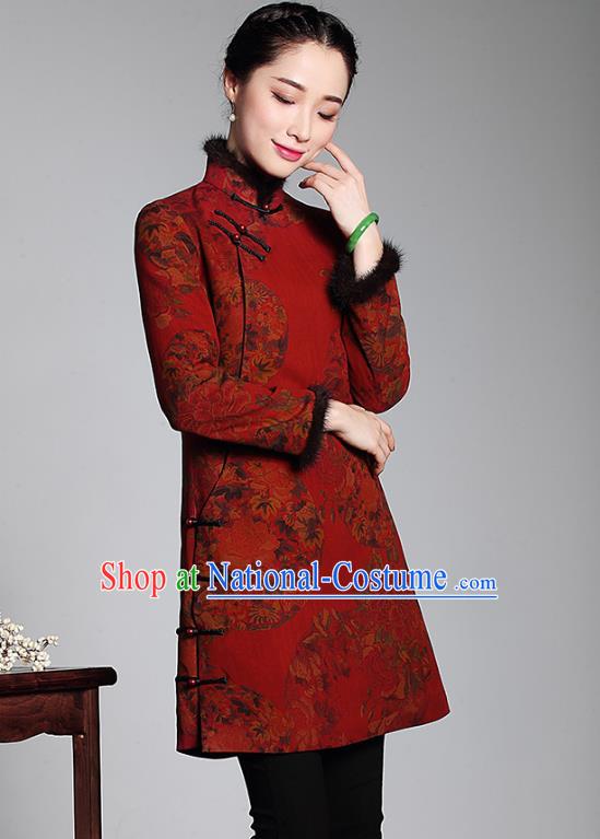 Asian Republic of China Top Grade Plated Buttons Watered Gauze Red Cheongsam Coat, Traditional Chinese Tang Suit Qipao Upper Outer Garment for Women