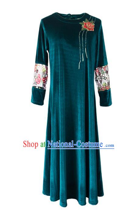 Asian China Top Grade Green Velvet Cheongsam Dress, Traditional Chinese Tang Suit Hanfu Plated Button Embroidered Qipao for Women