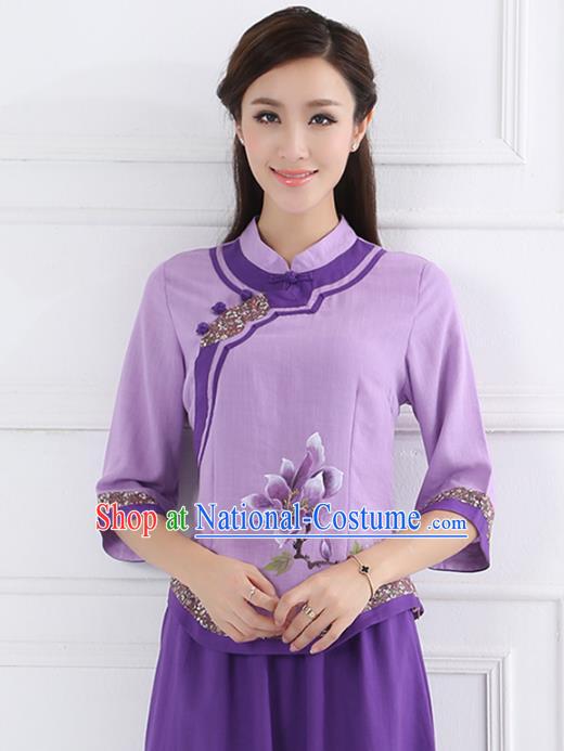 Asian China Top Grade Purple Linen Cheongsam Blouse, Traditional Chinese Tang Suit Hanfu Plated Button Qipao Shirts for Women