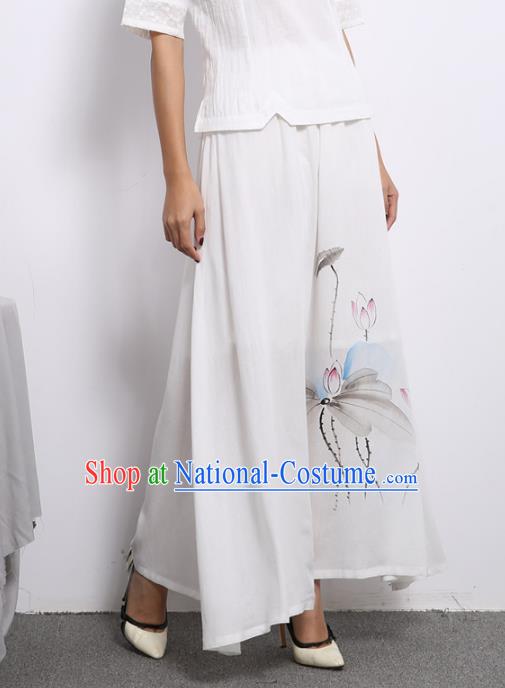 Asian China Hand Painting Lotus White Linen Bust Skirt, Traditional Chinese Tang Suit Hanfu Skirts for Women