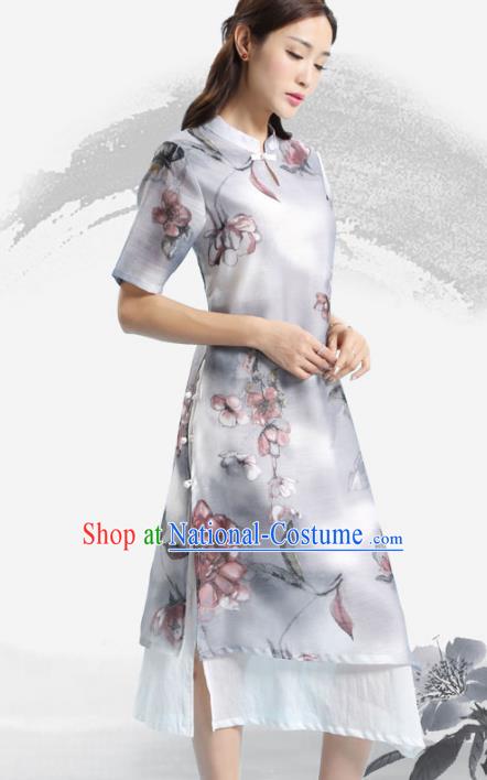 Asian China Top Grade Silk Printing Cheongsam Dress, Traditional Chinese Tang Suit Hanfu Plated Button Qipao for Women