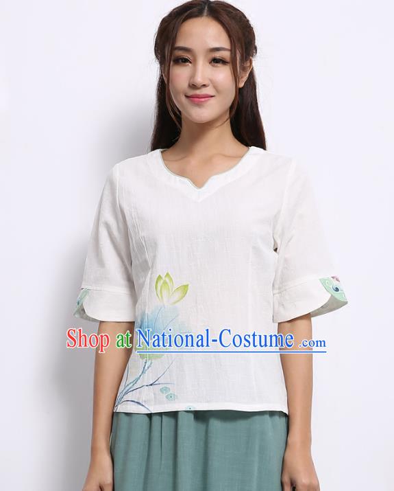 Asian China Top Grade Linen Printing Lotus Cheongsam Blouse, Traditional Chinese Tang Suit Hanfu Plated Button Qipao Shirts for Women