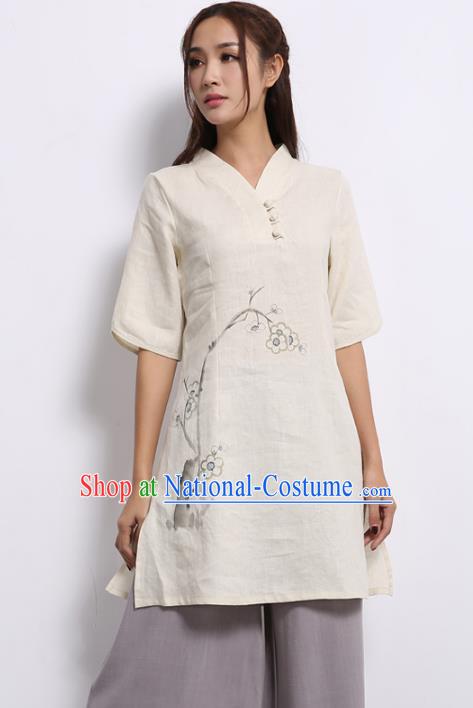 Asian China Top Grade White Linen Printing Cheongsam Blouse, Traditional Chinese Tang Suit Hanfu Plated Button Qipao Shirts for Women