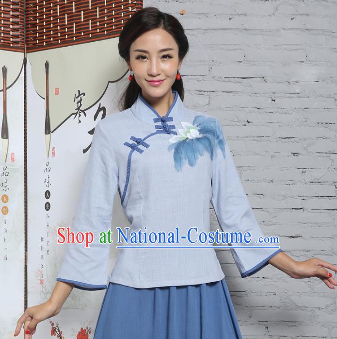 Asian China Top Grade Blue Linen Cheongsam Blouse, Traditional Chinese Tang Suit Hanfu Plated Button Qipao Shirts for Women