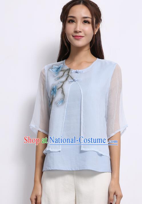 Asian China Top Grade Blue Silk Cheongsam Hand Painting Cheongsam Blouse, Traditional Chinese Tang Suit Hanfu Plated Button Qipao Shirts for Women