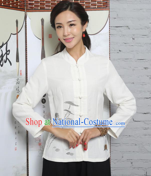 Asian China Top Grade White Linen Cheongsam Blouse, Traditional Chinese Tang Suit Hanfu Plated Button Qipao Shirts for Women