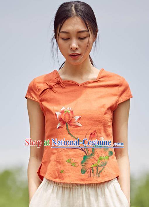 Asian China Top Grade Orange Linen Printing Lotus Cheongsam Blouse, Traditional Chinese Tang Suit Hanfu Plated Button Qipao Shirts for Women