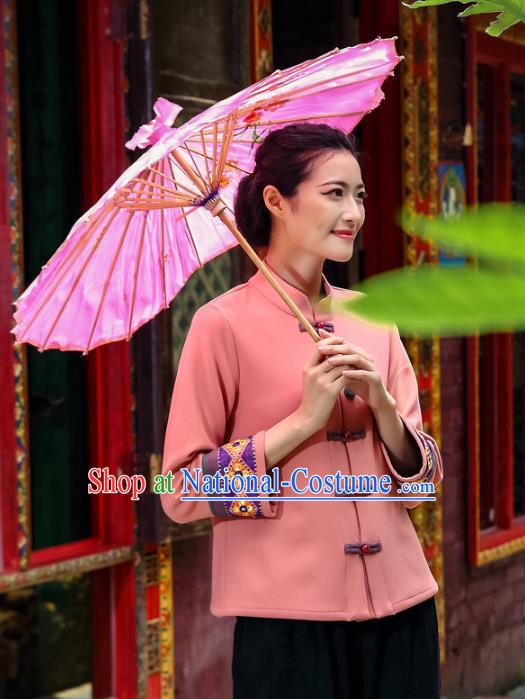 Asian China Top Grade Pink Linen Front Opening Cheongsam Blouse, Traditional Chinese Tang Suit Hanfu Plated Button Qipao Shirts for Women