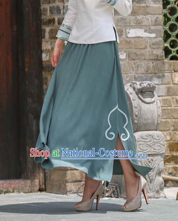 Asian China Hand Painting Top Grade Green Linen Bust Skirt, Traditional Chinese Tang Suit Hanfu Skirts for Women