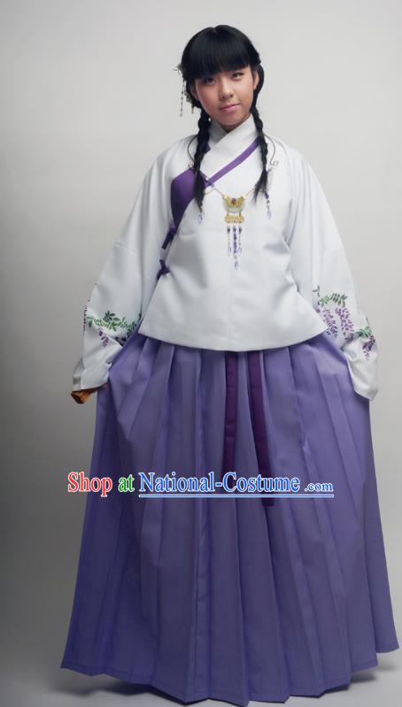 Asian China Ming Dynasty Costume Printing Wisteria Blouse and Skirt, Traditional Chinese Ancient Princess Hanfu Clothing for Women