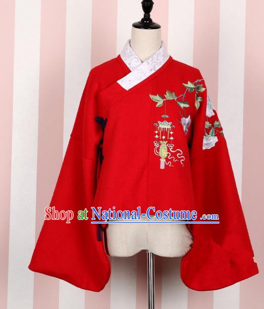 Asian China Ming Dynasty Young Lady Costume Red Embroidered Blouse, Traditional Ancient Chinese Elegant Hanfu Shirts Clothing for Women