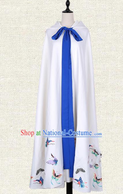 Asian China Tang Dynasty Princess Clothing Embroidered Butterfly White Cape, Traditional Ancient Chinese Palace Lady Hanfu Mantle for Women