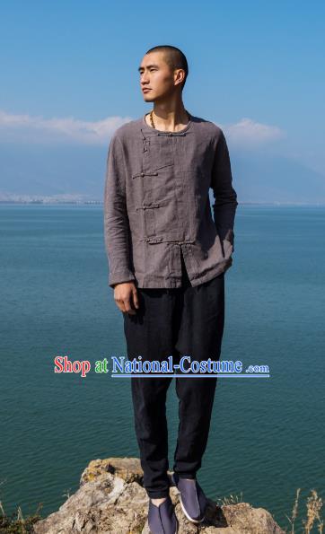 Asian China National Costume Slant Opening Grey Linen Shirts, Traditional Chinese Tang Suit Brass Buttons Upper Outer Garment Clothing for Men