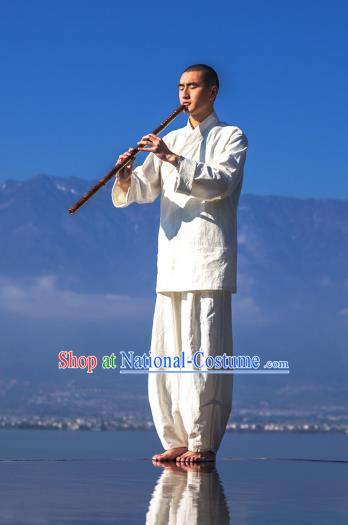 Asian China National Costume Linen Monk Clothing, Traditional Chinese Tang Suit Plated Buttons Zen Clothing for Men