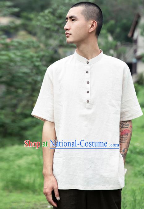 Asian China National Costume White Linen Stand Collar T-Shirts, Traditional Chinese Tang Suit Coconut Buttons Upper Outer Garment Clothing for Men