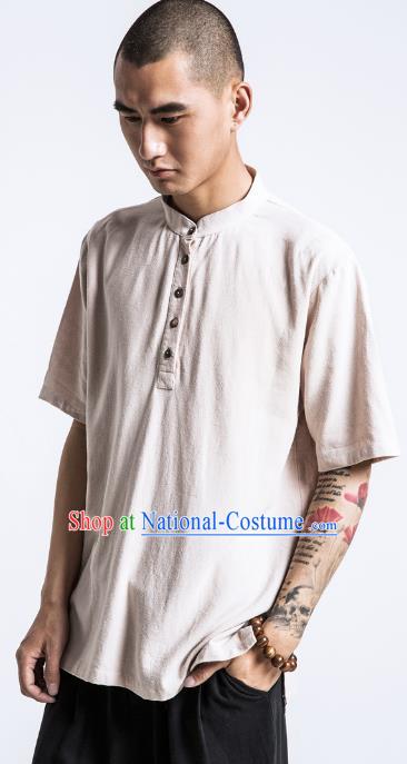 Asian China National Costume Beige Linen Stand Collar T-Shirts, Traditional Chinese Tang Suit Coconut Buttons Upper Outer Garment Clothing for Men