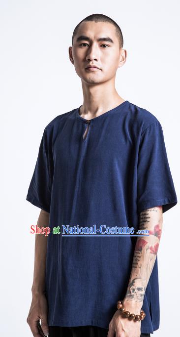 Asian China National Costume Blue Linen T-Shirts, Traditional Chinese Tang Suit Coconut Buttons Upper Outer Garment Clothing for Men