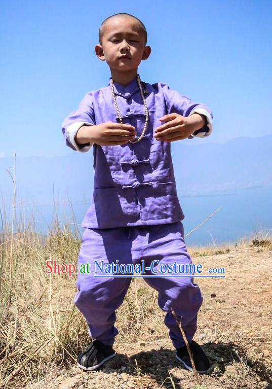 Asian China National Costume Purple Linen Kung Fu Costume Martial Arts Clothing, Traditional Chinese Tang Suit Clothing for Kids