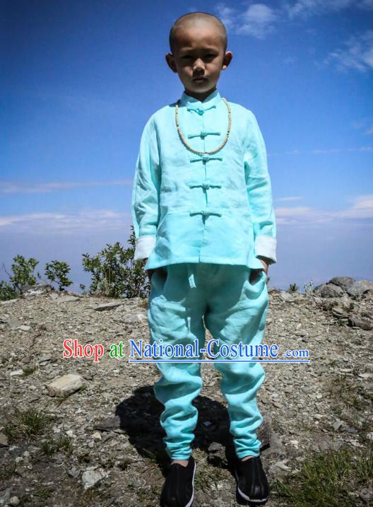 Asian China National Costume Green Linen Kung Fu Costume Martial Arts Clothing, Traditional Chinese Tang Suit Clothing for Kids